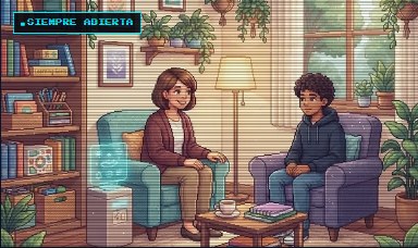 Una psicóloga conversa con un estudiante en una sala cálida con plantas y libros