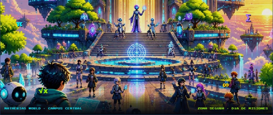 Campus central de MatherIAs World en pixel art, con estudiantes, un robot y un profesor IA frente a una fuente de luz