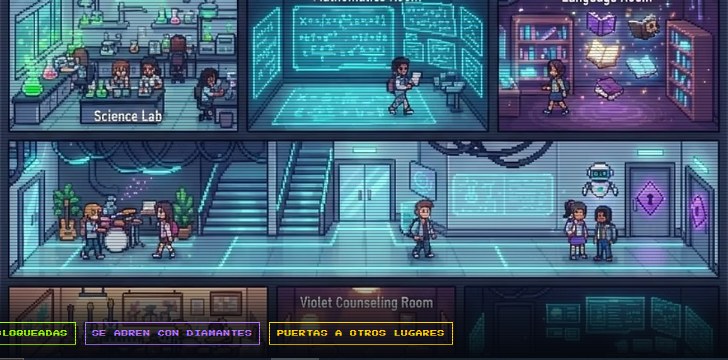 Ilustración del colegio virtual con pasillos y salas de aprendizaje
