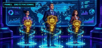 Tres directivos con escudos dorados frente a un mapa mundial con paneles de datos