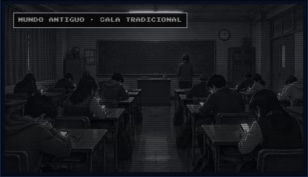 Sala de clases tradicional en blanco y negro con estudiantes frente a pantallas